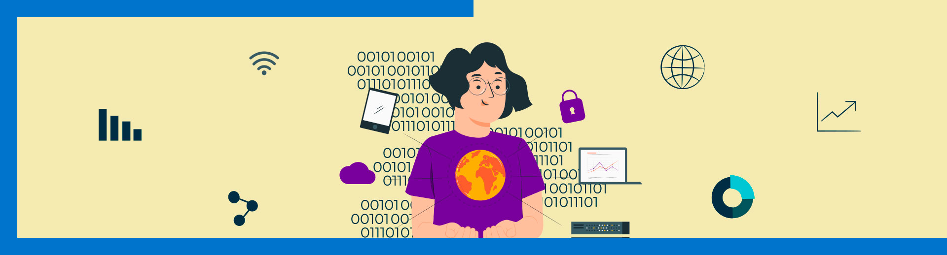 Ilustração de um professor utilizando ferramentas digitais para uso de dados em sala de aula