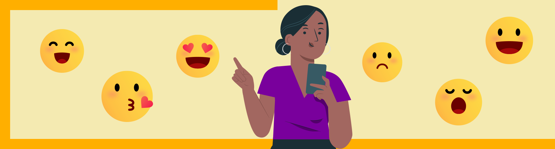 A imagem mostra uma mulher segurando um celular e apontando para cima, cercada por emojis que expressam diferentes emoções, como alegria, amor, tristeza e sono.
