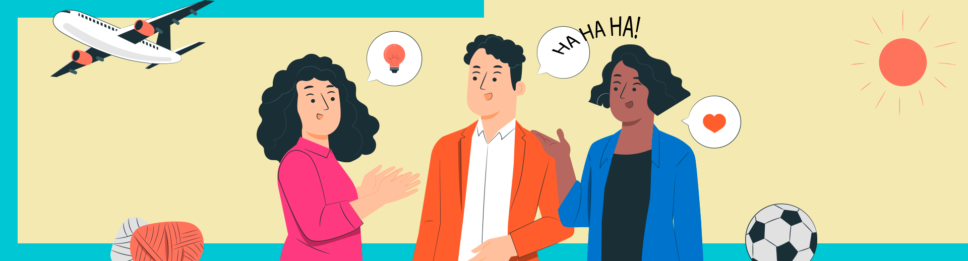 Três pessoas conversam animadamente, com ícones representando lâmpada, risadas e coração. Ao fundo, há elementos de férias e lazer, como um avião, sol, novelo de lã e bola de futebol.