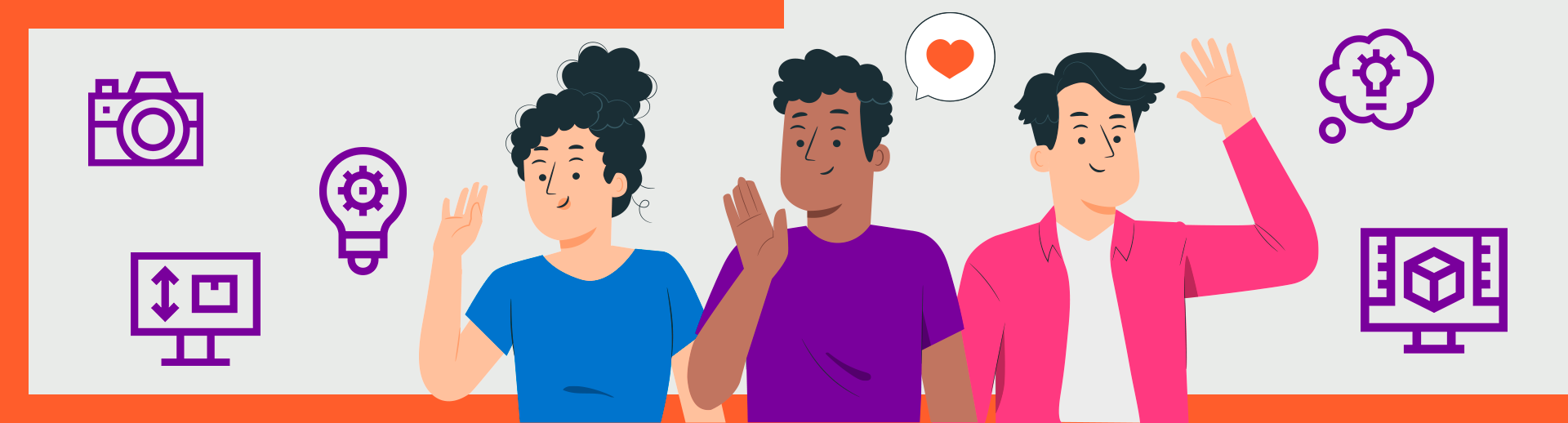 Três pessoas acenam sorrindo, com ícones que representam criatividade e tecnologia ao redor, como câmera, lâmpada de ideias, design gráfico e modelagem 3D. 